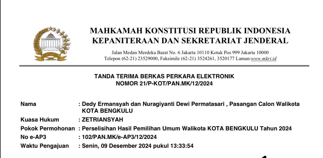 Paslon Dedy Ermansyah-Nuragiyanti di Bengkulu Gugat Hasil Pilkada 2024 ke MK