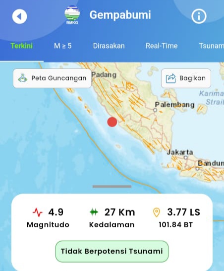 Dini Hari, Gempa 4,9 SR Guncang Bengkulu