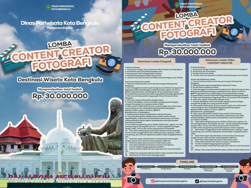 Dispar Kota Bengkulu Gelar Lomba Content Creator dan Fotografi Berhadiah Rp 30 Juta, Ini Syarat dan Ketentuan