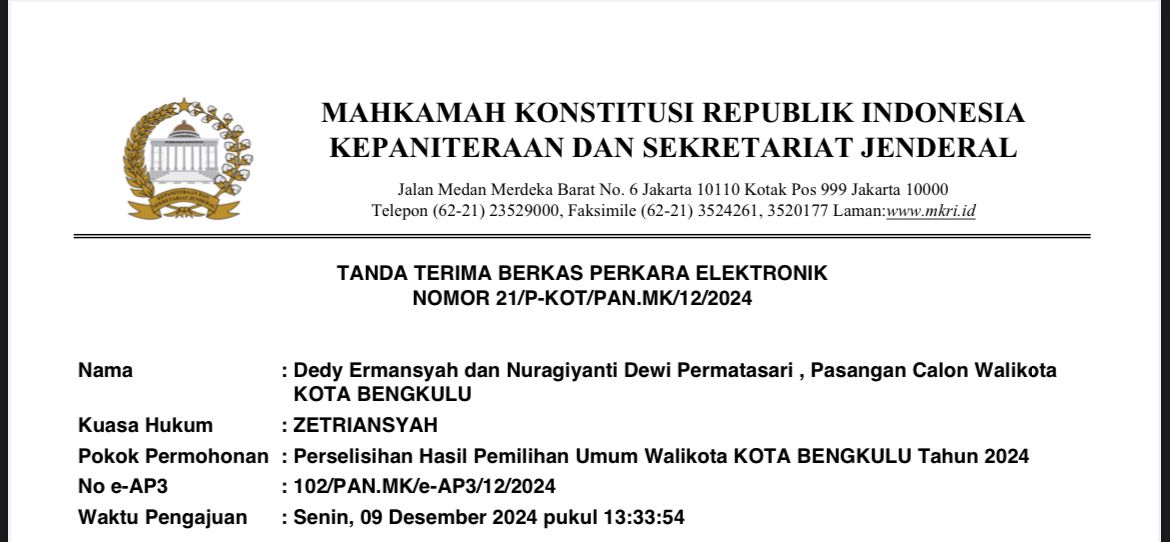 Sidang Batal, Paslon Dedy Ermansyah-Nuragiyanti Dewi Cabut Gugatan Hasil Pilkada 2024 di MK