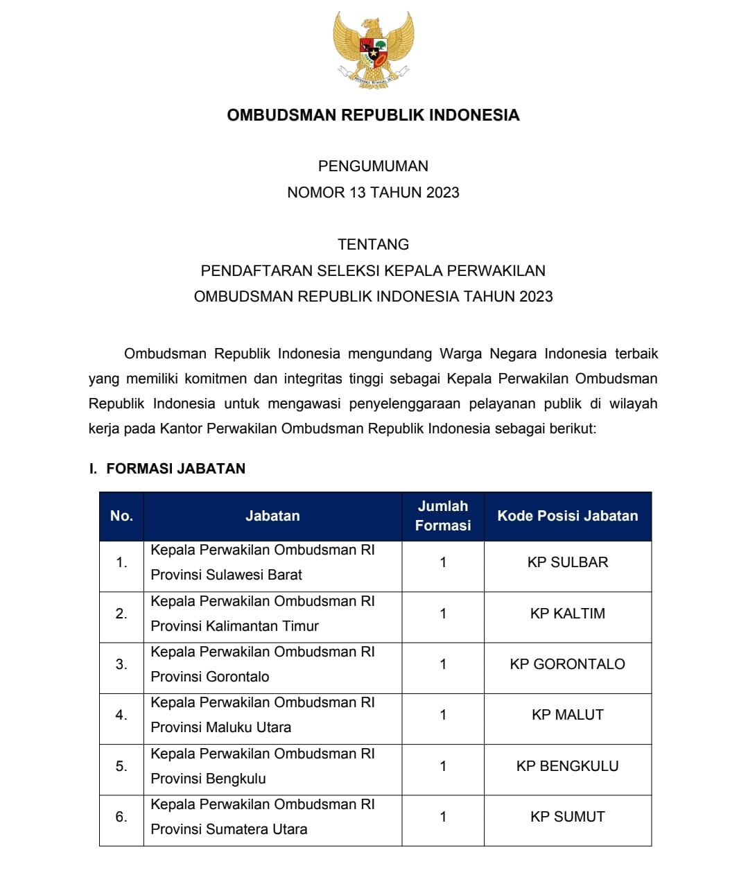 Kesempatan Berkarier, Ombudsman RI Buka Seleksi Kepala Perwakilan Ombudsman Bengkulu 