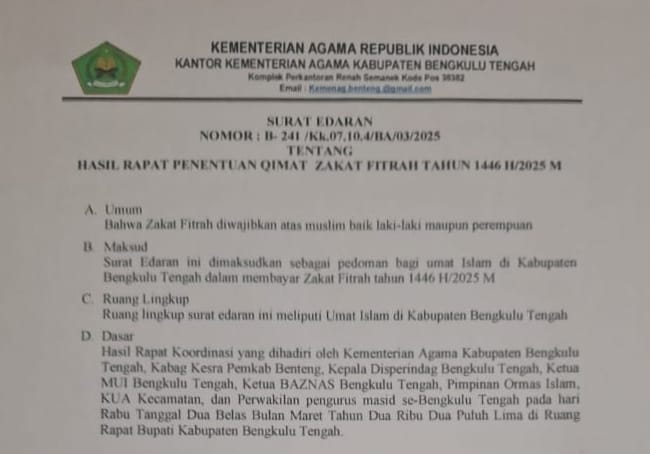 Ayo Mulai Bayar Zakat Fitrah, Segini Besarannya di Bengkulu Tengah