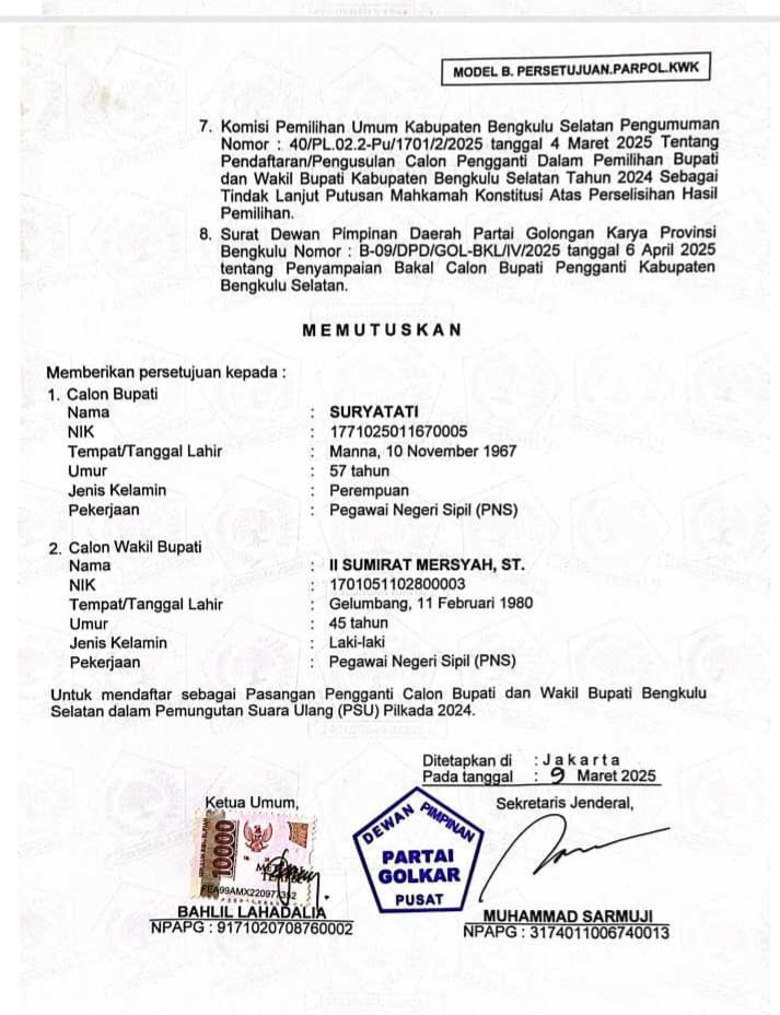 Beredar Surat DPP Golkar untuk Pengganti Gusnan Mulyadi di PSU Pilkada Bengkulu Selatan
