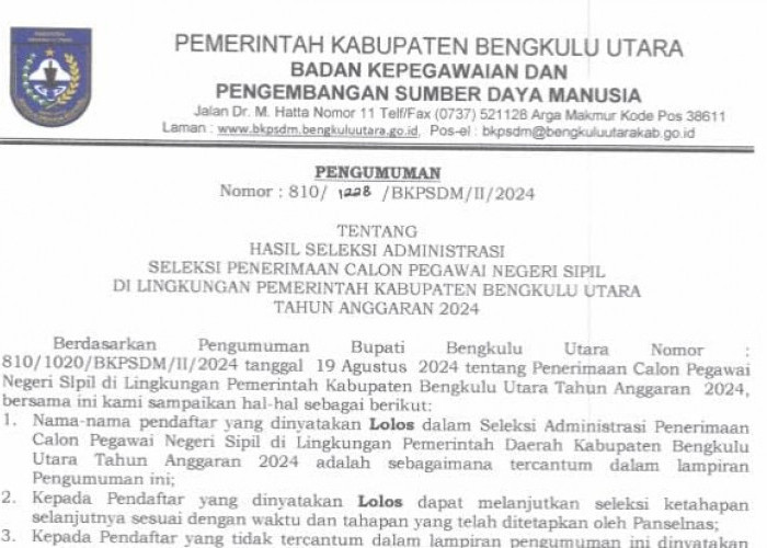 Hasil Seleksi Administrasi CPNS 2024 Bengkulu Utara, Ada 53 Pelamar TMS, Begini Prosedur Ajukan Sanggah