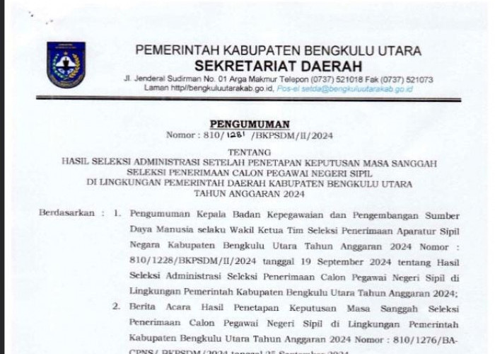 Pengumuman Pasca Masa Sanggah CPNS 2024 Kabupaten Bengkulu Utara, Cek Hasilnya di Sini