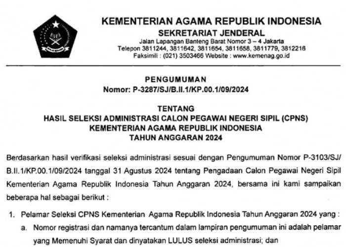 Cara Cek Pengumuman Hasil Seleksi Administrasi CPNS 2024 Kemenag, Ini Tandanya Jika Kamu Lulus