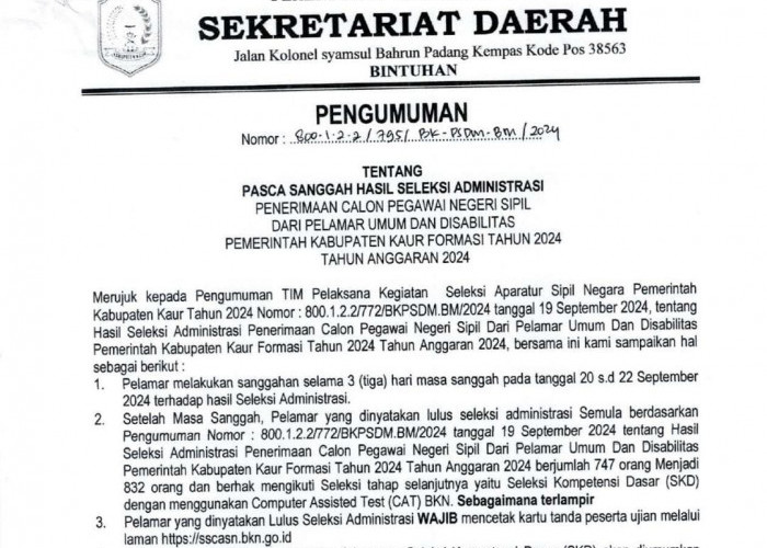 85 Pendaftar CPNS Kaur Lolos Masa Sanggah, Total Peserta Tes 832 Orang, Cek Jadwal SKD di Sini