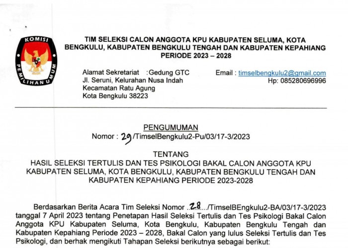 20 Besar Calon Komisioner KPU Seluma, Kota Bengkulu,  Bengkulu Tengah dan Kepahiang