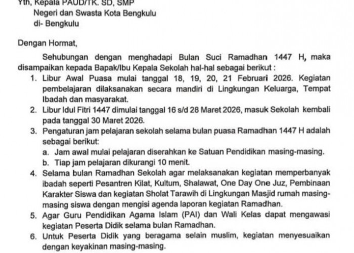 Ini Jadwal Libur dan Jam Belajar Murid PAUD hingga SMP di Kota Bengkulu Selama Ramadhan