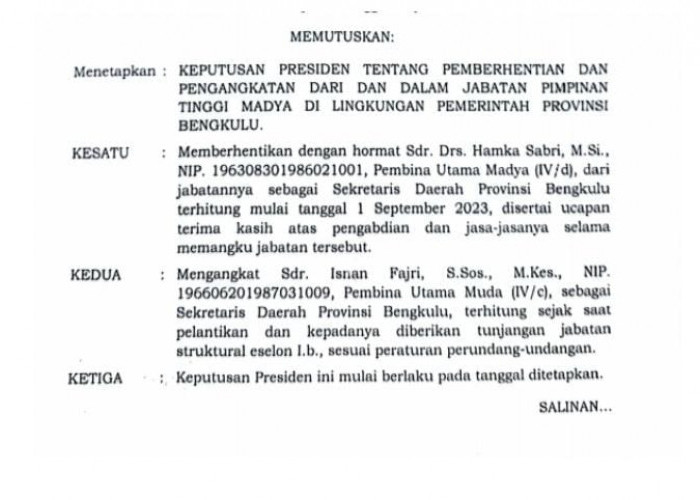 Beredar Surat Presiden Tunjuk Isnan Fajri sebagai Sekda Provinsi Bengkulu Definitif 