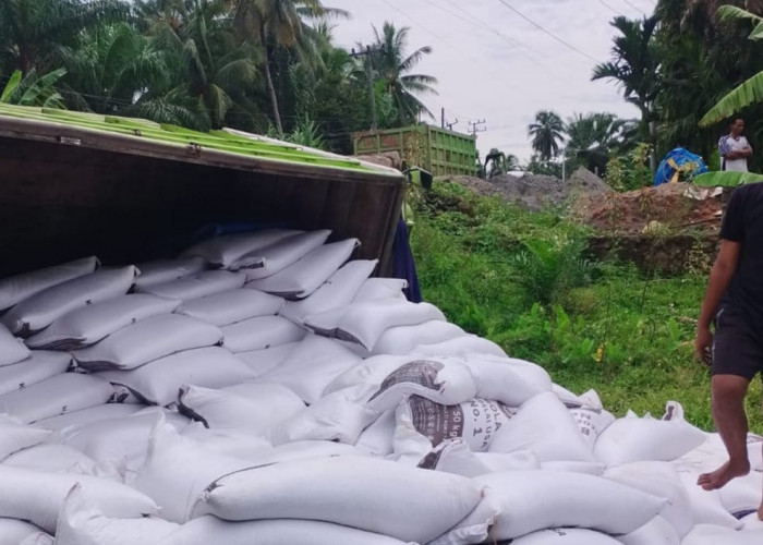Truk Fuso Muatan 20 Ton Kedelai Terguling di Cahaya Negeri