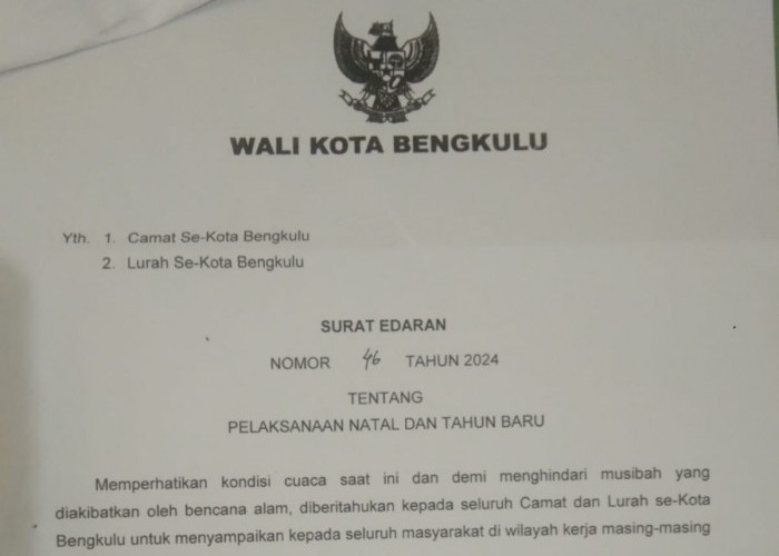 Pemkot Bengkulu Keluarkan Surat Edaran Jelang Pelaksanaan Natal dan Tahun Baru