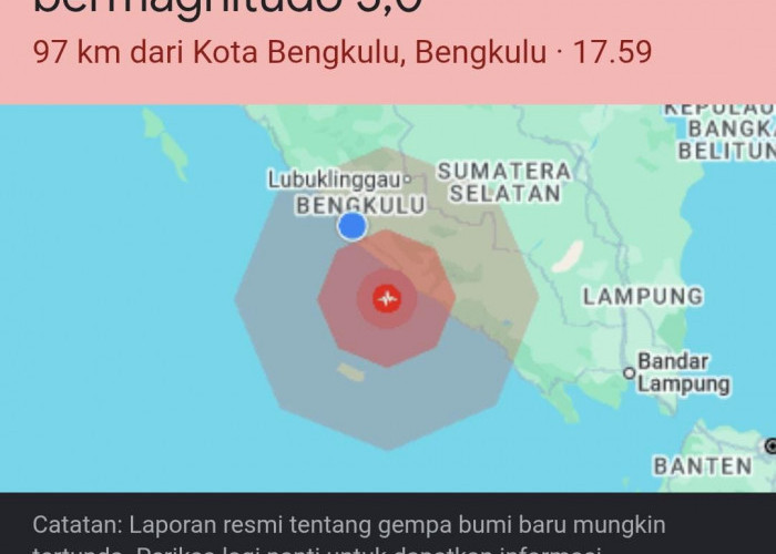 Gempa 4,9 Magnitudo Guncang Kota Bengkulu