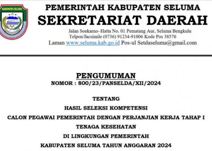 Sudah Dirilis, Ini Link Pengumuman Hasil Seleksi PPPK Tahap 1 Nakes Kabupaten Seluma, Cek Segera Namamu