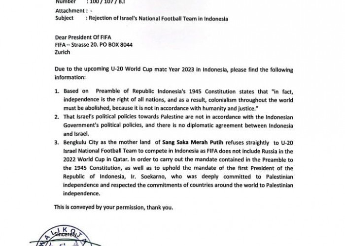 FIFA Pernah Larang Rusia, Walikota Helmi Hasan Tolak Israel Dalam Piala Dunia U-20
