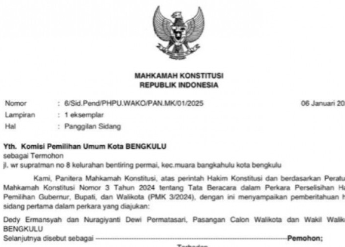 8 Januari 2025, Mahkamah Konstitusi Gelar Sidang Perkara Perselisihan Hasil Pilwakot Bengkulu