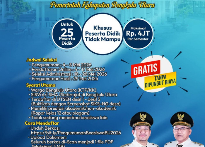Pemkab Bengkulu Utara Buka Beasiswa Perguruan Tinggi hingga Rp 4 Juta per Semester, Ini Syaratnya