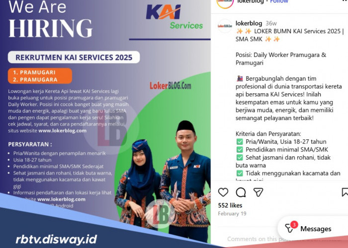 Lowongan Kerja Lulusan SMA/SMK di KAI Services, Terakhir 5 November 2025, Ada 7 Lokasi Wilayah Penempatan