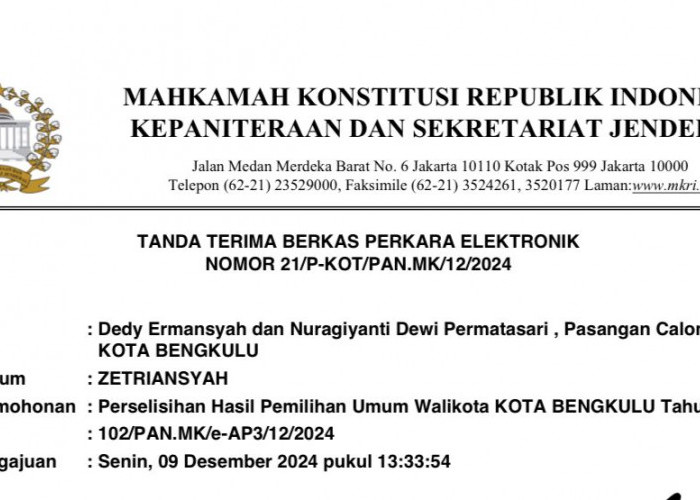 Paslon Dedy Ermansyah-Nuragiyanti di Bengkulu Gugat Hasil Pilkada 2024 ke MK