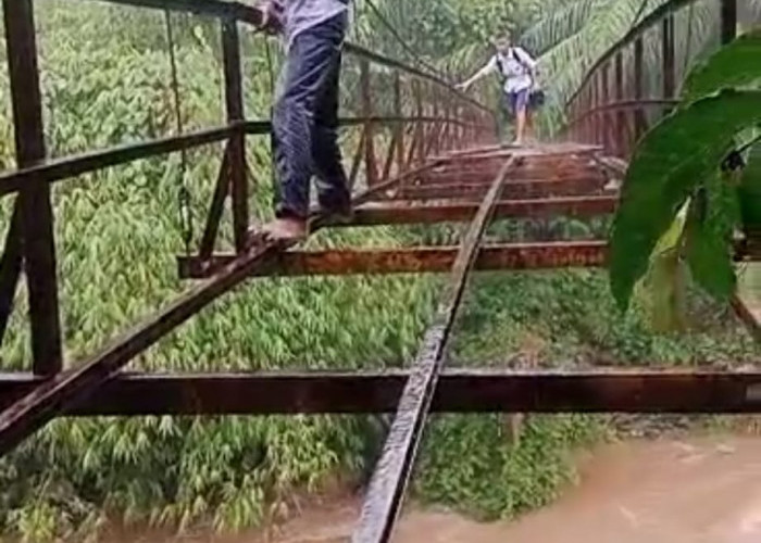 Menantang Maut, Siswa di Kabupaten Ini Nekat Seberangi Jembatan Gantung Tinggal Kerangka Besi