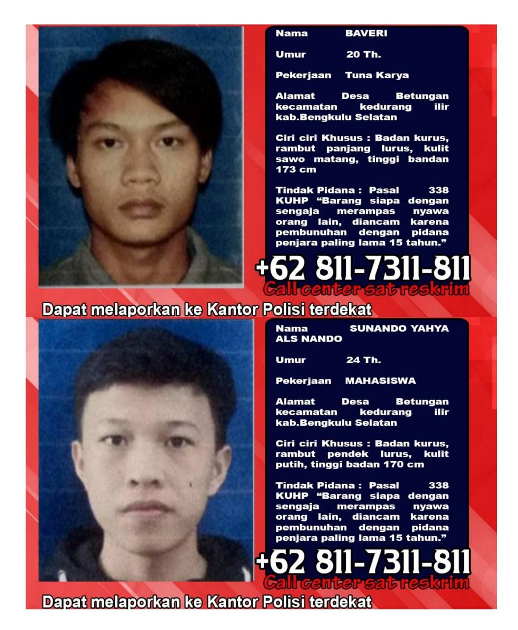 Polres Bengkulu Sebar 2 DPO Kasus Pembunuhan